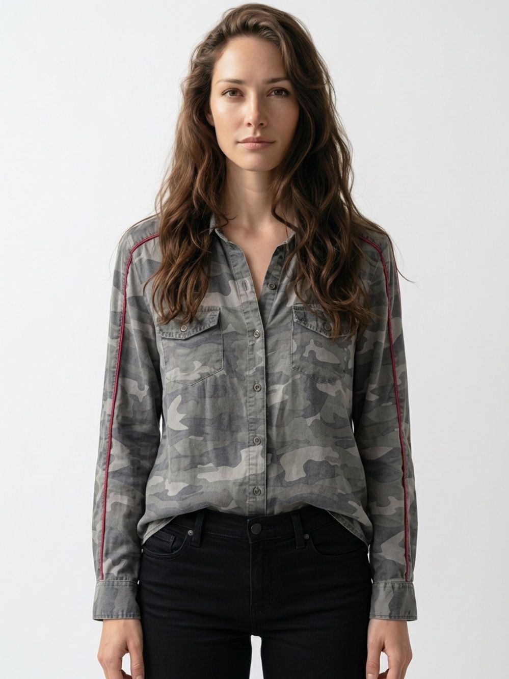 VINTAGE HAVANA | Camo Print Button Down Shirt Red Piping Detail Women’s Size S